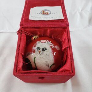 VTG Figi Inside Art Hand-Painted Cat Christmas Ornament In Red Gift Box 2 sided